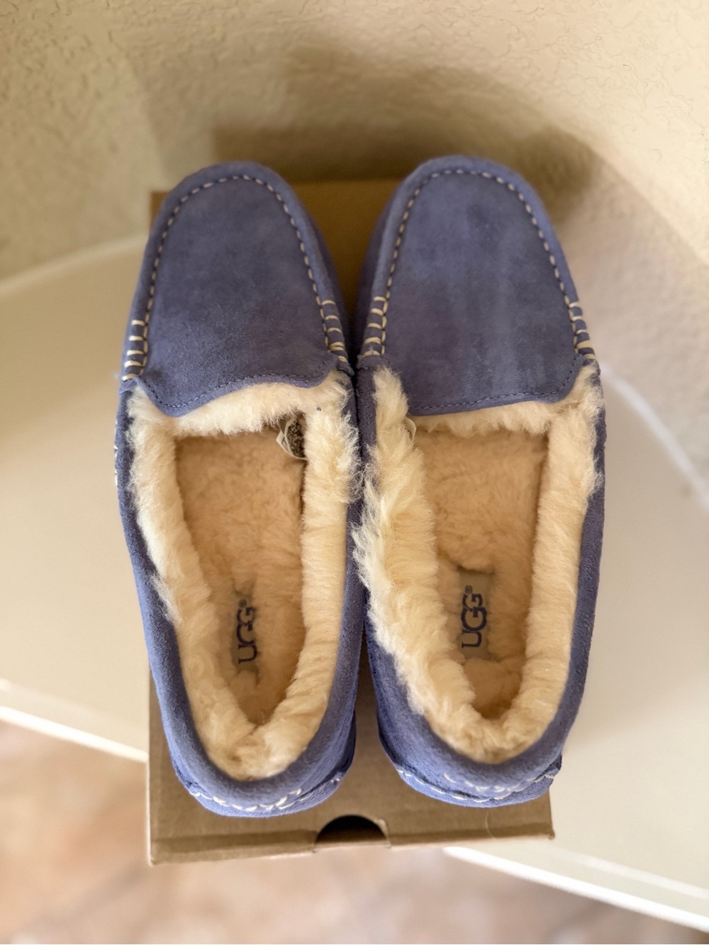 UGG Lavender Suede Plush-Lined Moccasin Slippers